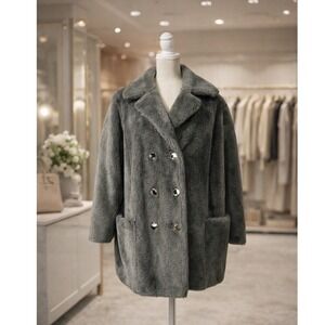 Vintage Sears Faux Fur Coat Gray Double Breasted Plush Jacket‎ Size M